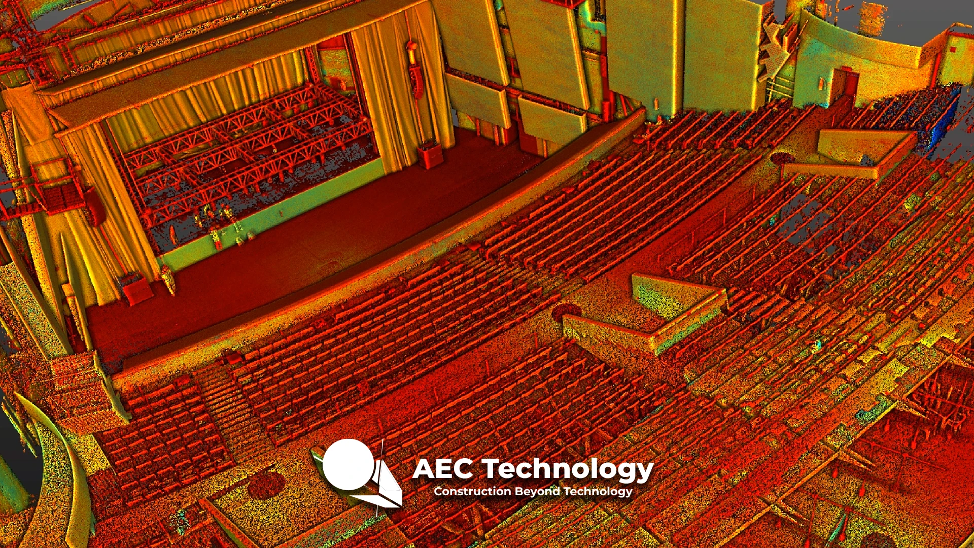 Una nube de puntos digital escaneada del Auditorio Blackberry muestra filas de asientos y un escenario, superpuestos con colores rojo, amarillo y verde. El logotipo y el eslogan de AEC Technology aparecen en la parte inferior.