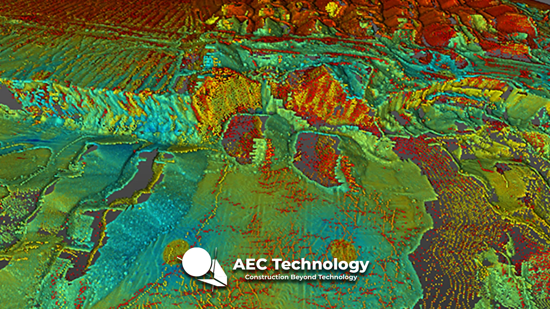 nube de puntos con diferentes elevaciones en tonos rojos, amarillos, verdes y azules destaca la Planta Industrial Nissan. El logotipo de AEC Technology y el texto Construction Beyond Technology aparecen en la parte inferior central.