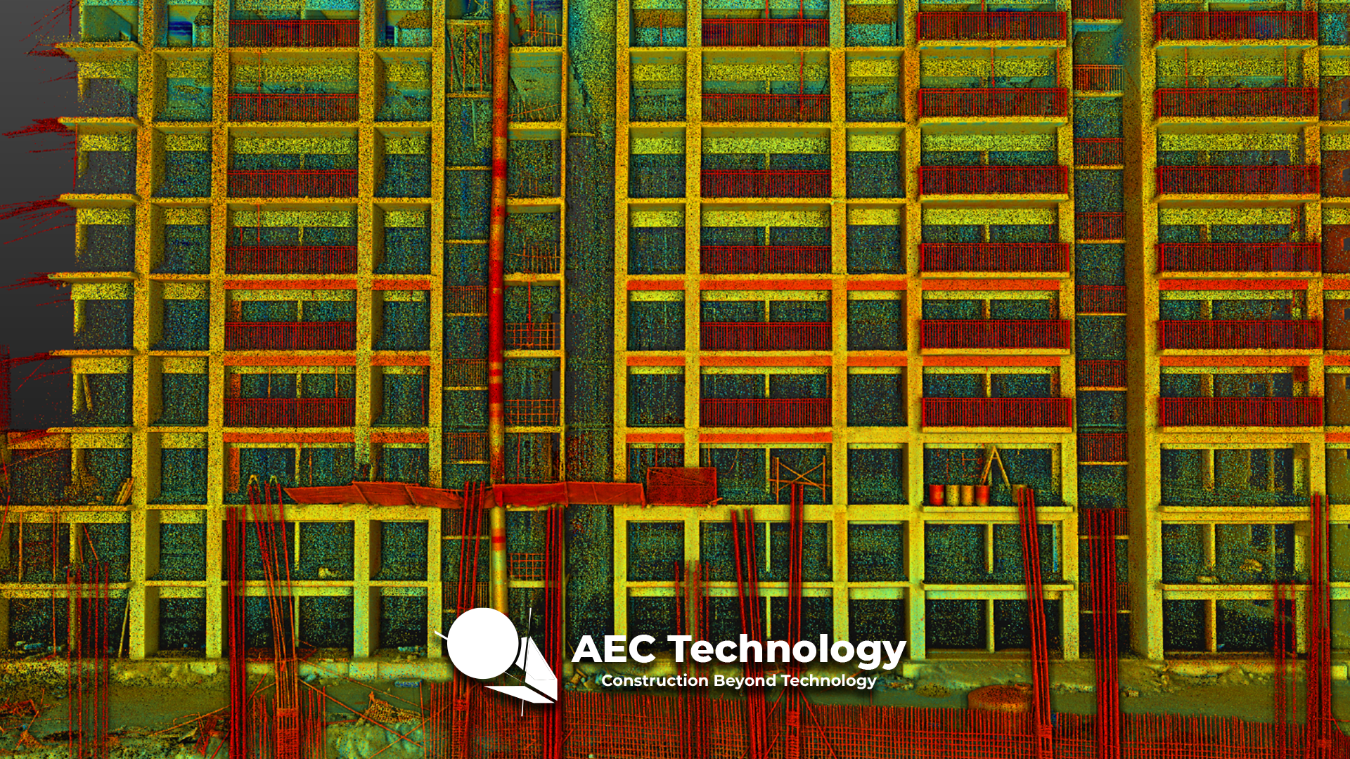 Nube de puntos del edificio Grand Valbuena en desarrollo, en la que se destacan los detalles estructurales. En la parte inferior aparecen el logotipo de AEC Technology y el eslogan "Construction Beyond Technology".