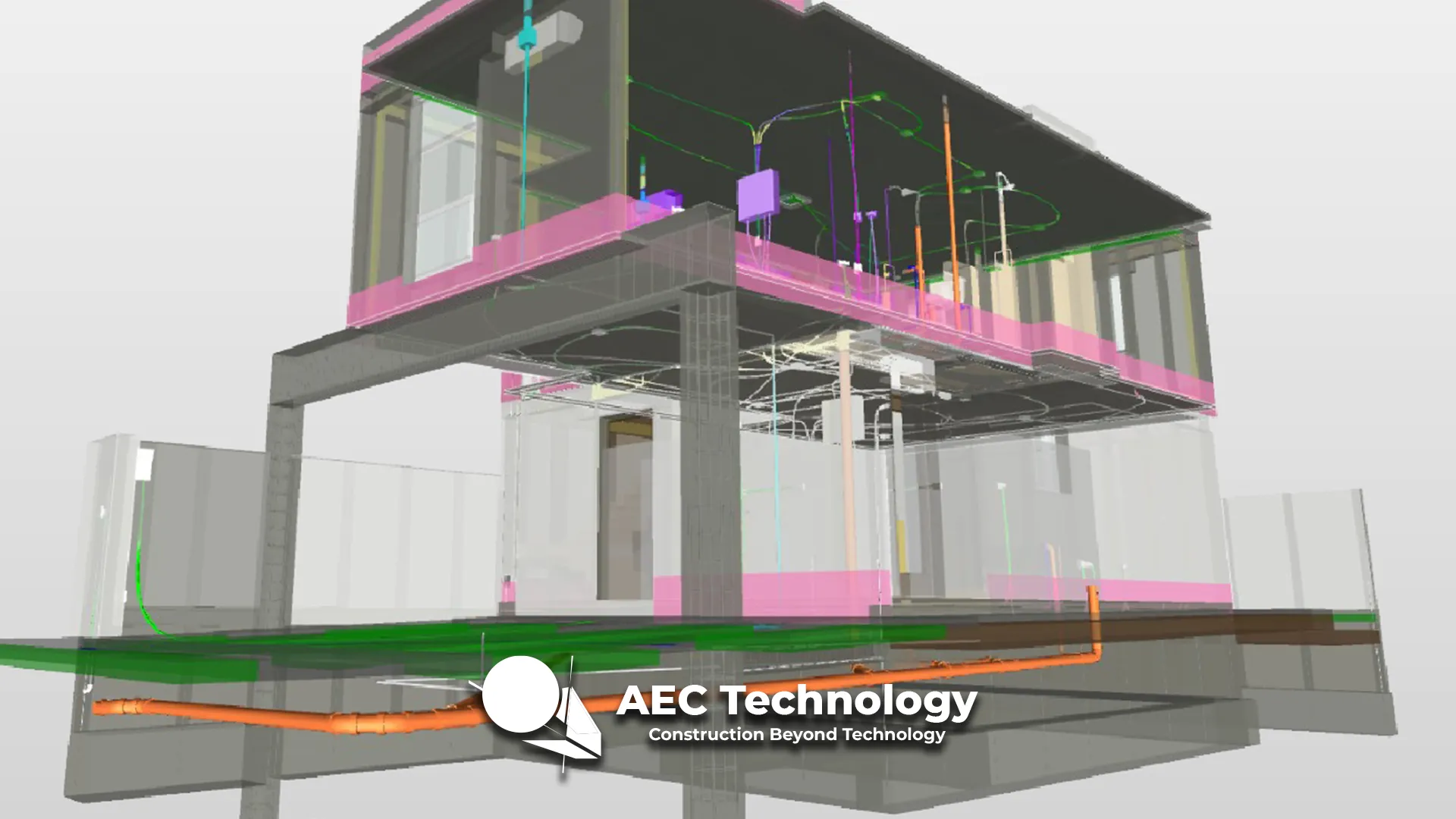 Modelo digital en 3D de un edificio que muestra elementos estructurales y sistemas con líneas y bloques de colores, representando la tecnología de la construcción para Desarrollo de vivienda. El texto dice AEC Technology: La construcción más allá de la tecnología.