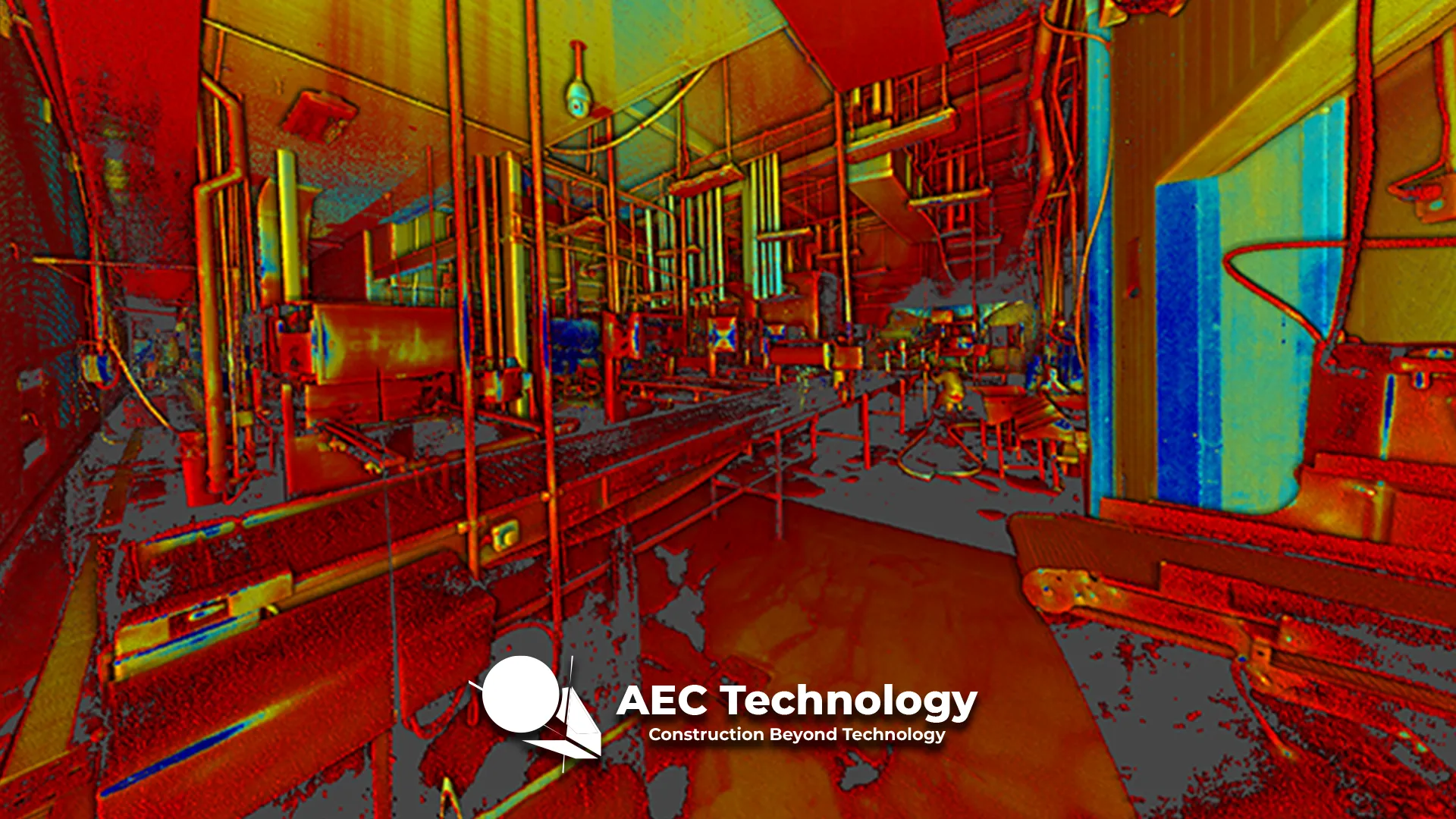 Nube de puntos de Planta Industrial Sukarne- con tuberías, vigas y maquinaria. La imagen tiene un efecto térmico o de escaneado. En la parte inferior se lee "AEC Technology Construction Beyond Technology".
