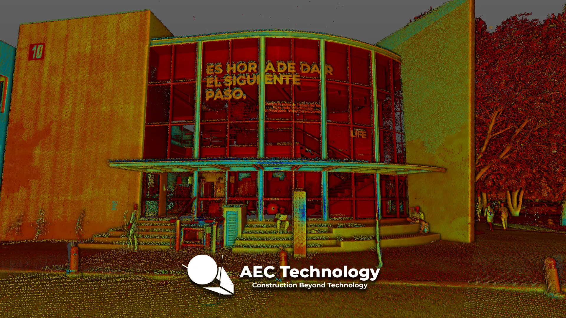 Nube de puntos del Tecnológico de Monterrey en Querétaro, con un texto en español en la ventana. En el exterior hay árboles y personas, y un colorido filtro digital añade un toque vibrante a la escena.