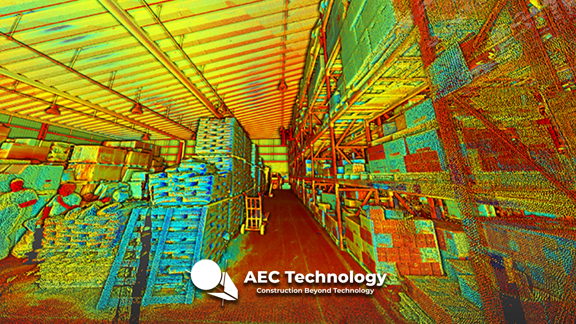 Nube de puntos del interior de almacén con palés apilados y estanterías, mostrado en un colorido estilo de nube de puntos digital. El logotipo de AZYCO y el eslogan Construction Beyond Technology aparecen en la parte inferior, destacando las soluciones de complementos y azulejos para espacios modernos.