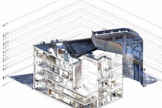 BIM model overlaid on a point cloud of a multi-story building
