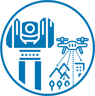 Icono azul que muestra una gran cámara sobre un pedestal y un dron sobrevolando montañas, árboles y edificios