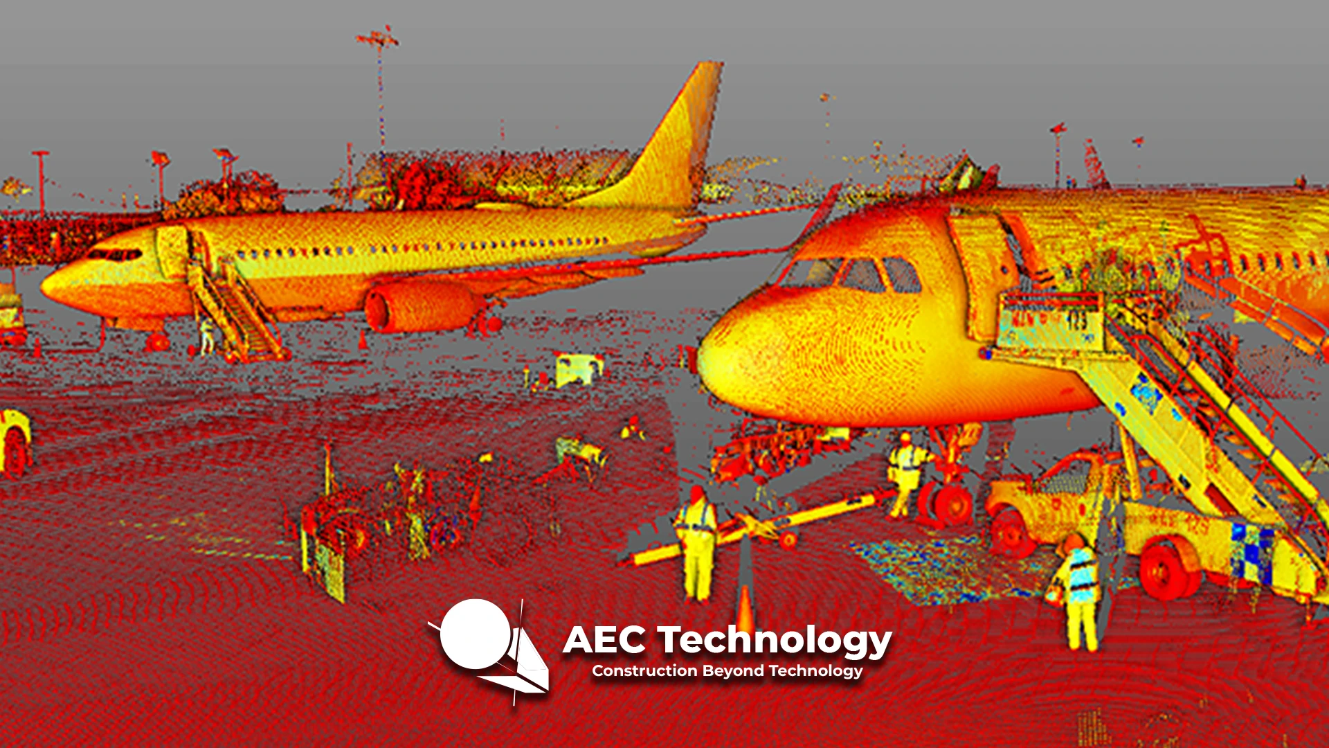 Una nube de puntos digital escaneada de dos aviones en la pista de un aeropuerto en CDMX con el personal de tierra y los vehículos visibles; la imagen se superpone con tonos amarillos y rojos. El logotipo de AEC aparece en la parte inferior.
