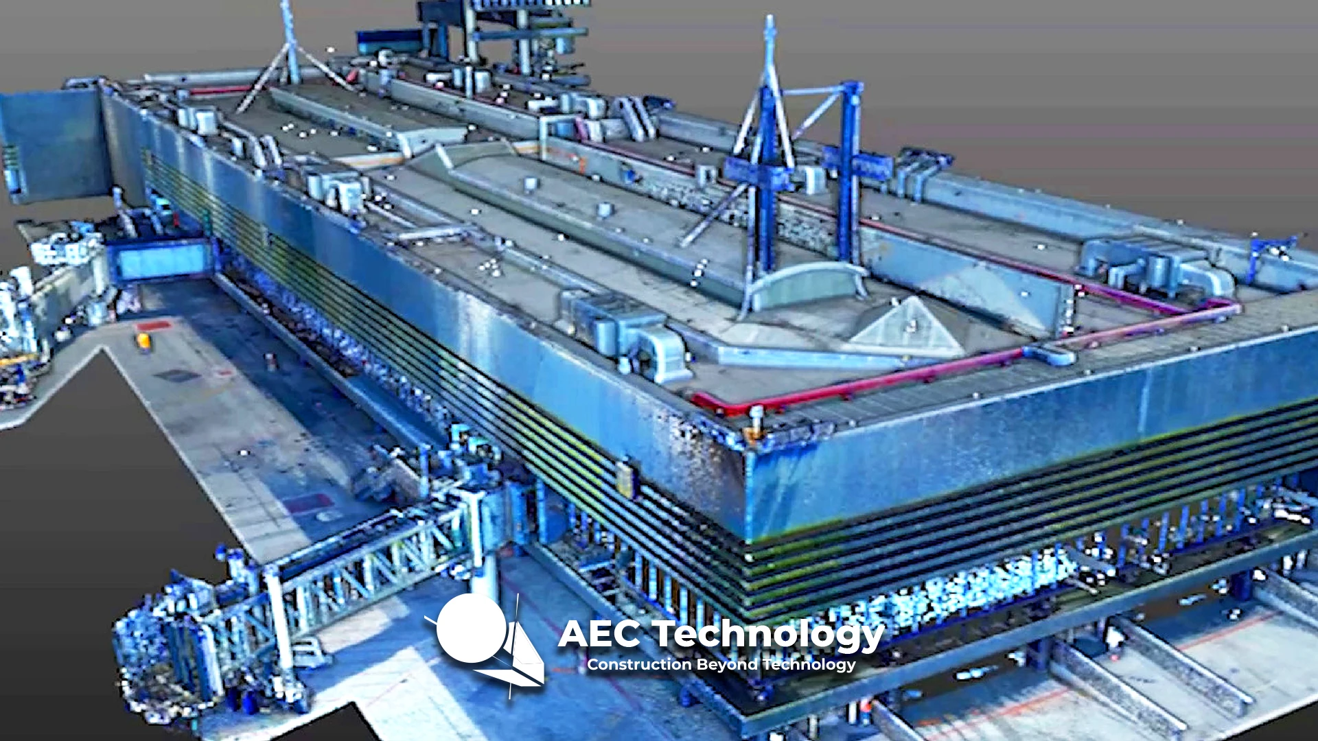 Nube de puntos de un gran edificio industrial, inspirado en el Aeropuerto Internacional de Tijuana, con complejas tuberías y detalles estructurales mostrados desde un ángulo elevado. El logotipo y el eslogan de AEC Technology aparecen en la parte inferior central.