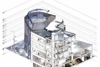 BIM model overlaid on a point cloud of a multi-story building