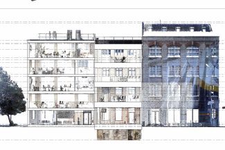 BIM model overlaid on a point cloud of a multi-story building