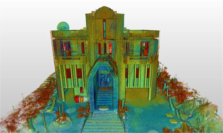 Un colorido renderizado de nube de puntos 3D de un edificio art decó, con escaleras que conducen a una entrada central, flanqueada por plantas y detalles arquitectónicos simétricos