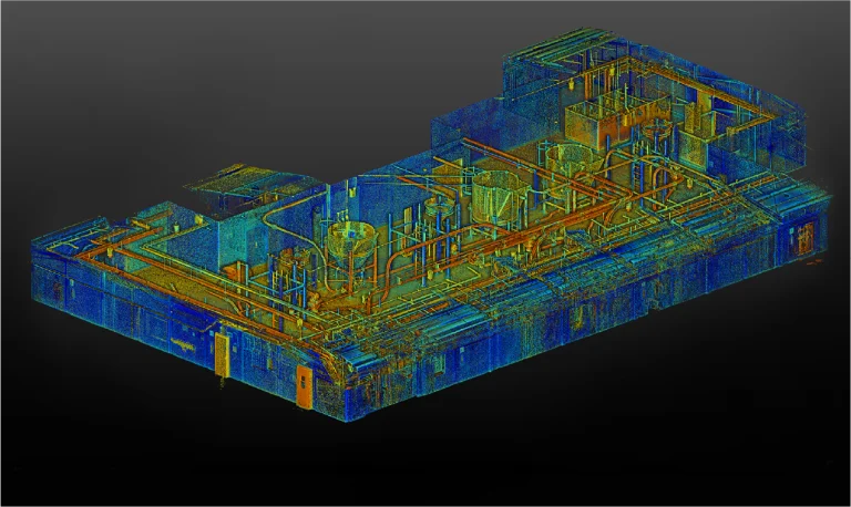 Modelo digital en 3D de una Planta Industrial, que muestra tuberías, depósitos y estructuras de colores sobre un fondo de degradado oscuro. El modelo utiliza azul, verde, naranja y amarillo para resaltar varios componentes y niveles de Mondeléz