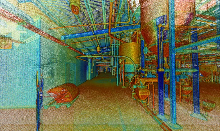 Una colorida imagen digital del interior de Mondeléz Planta Industrial, con tuberías, tanques y estructuras metálicas con motas de arco iris