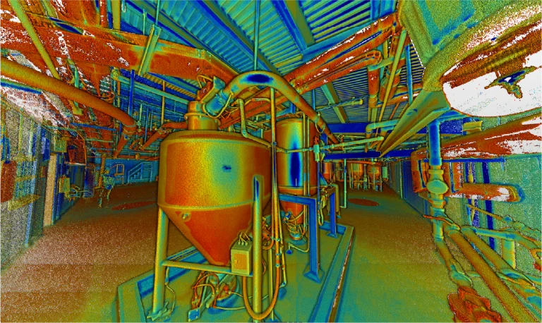 Una imagen coloreada de maquinaria industrial y tuberías en el interior de una Planta Industrial, con tonos azules, rojos, amarillos y verdes que resaltan el equipo y los elementos estructurales, que recuerdan a una planta de producción de Mondeléz