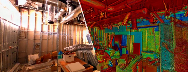 A split image shows, on the left, an unfinished room with exposed pipes and construction materials, and, on the right, a colorful 3D point cloud scan of the same space at Florida International University (FIU)