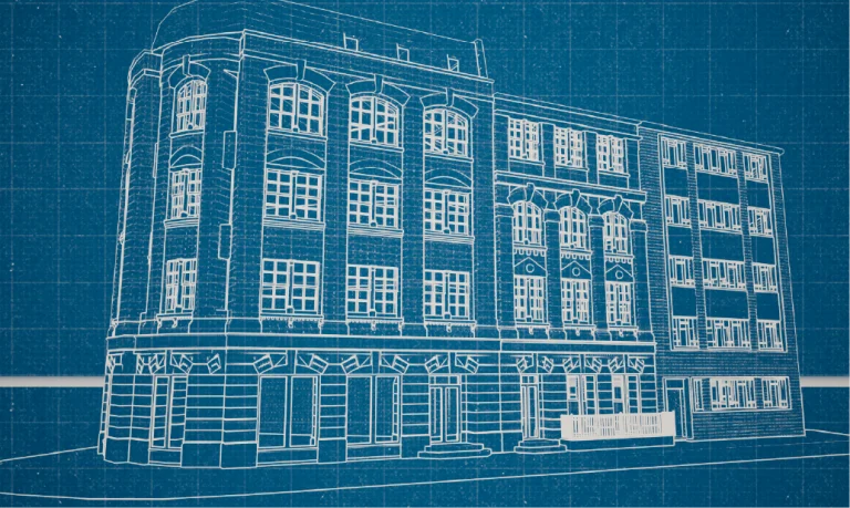 Ilustración de estilo Blueprint de GGM 115 Londres con un edificio de ladrillo de varias plantas con numerosas ventanas, detalles arquitectónicos y una entrada a pie de calle, mostrada sobre un fondo de cuadrícula azul