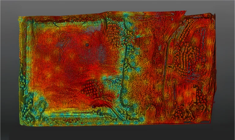 Nube de puntos en tonos rojos, amarillos, verdes y azules, que se asemeja a un detallado mapa térmico o a un relieve abstracto de la Planta Industrial Nissan sobre un fondo gris liso