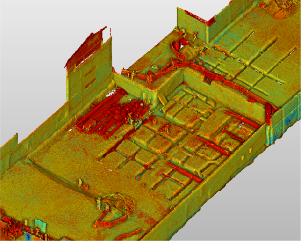 Un escaneado en 3D de un espacio interior, del Escaneo Láser Coppel Culiacán, que muestra un plano de planta con paredes y salas de varios colores -principalmente rojo, amarillo y verde- que representan diferentes elevaciones o profundidades