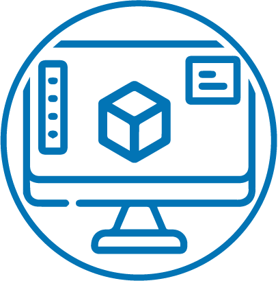 Dibujo lineal azul de un monitor de ordenador que muestra un cubo 3D y elementos de interfaz, todo ello dentro de un borde circular