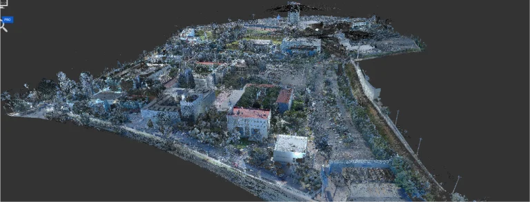 Una nube de puntos en 3D del Tecnológico de Monterrey, que destaca varios edificios, carreteras y zonas verdes desde una perspectiva elevada sobre un fondo oscuro