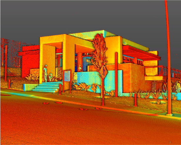 Nube de puntos de casa moderna en Puerta de Hierro se muestra en un colorido renderizado generado por ordenador, con vibrantes tonos rojos, amarillos y azules que perfilan el Desarrollo de Vivienda y el paisaje circundante. El cielo oscuro realza el efecto de viveza