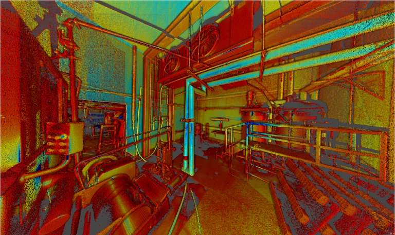 Una colorida imagen de escaneo 3D de alto contraste de la Planta Industrial Sukarne, con complejas tuberías, maquinaria y elementos estructurales en vivos tonos rojos, amarillos, azules y verdes