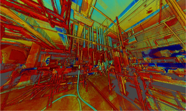 Nube de puntos del interior de una Planta Industrial Sukarne con tuberías, vigas y maquinaria en vivos tonos rojos, amarillos, azules y verdes, creando una escena caótica y visualmente impactante