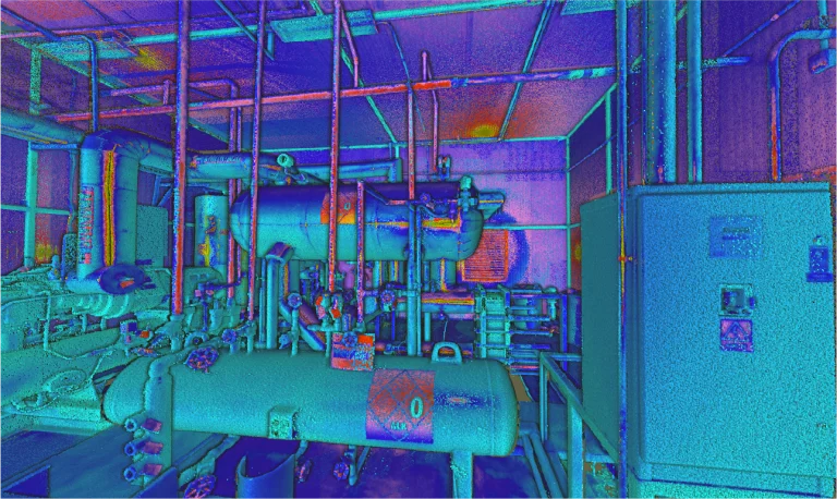 Nube de puntos de maquinaria industrial y tuberías en una sala mecánica de Planta Industrial Sukarne, con vibrantes tonos azules, morados, verdes y naranjas que resaltan formas y estructuras, incluidos medidores, válvulas y paneles eléctricos