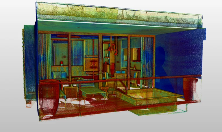 Una colorida nube de puntos 3D de una moderna sala de estar con grandes ventanales, balcón y muebles visibles como sillas, mesas y macetas