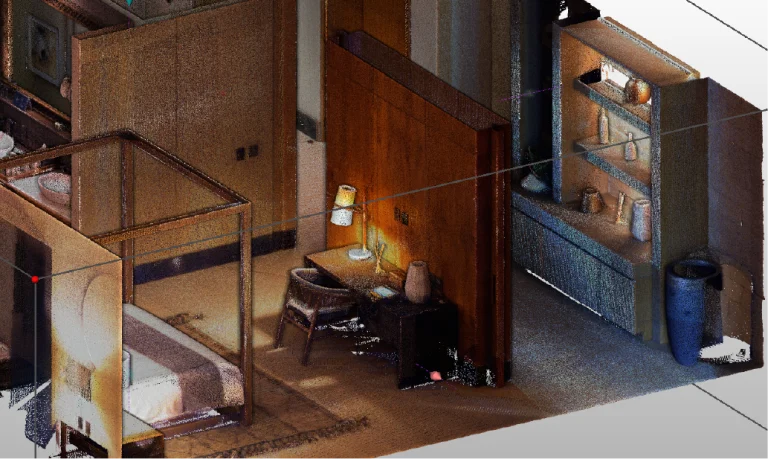 Nube de puntos de dormitorio con cama, mesilla de noche, lámpara y decoración -además de estanterías pixeladas con jarrones y un jarrón azul alto en el suelo