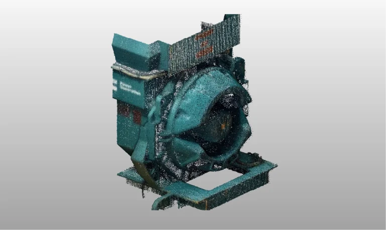 Nube de puntos de Ventilador de color verde azulado, con componentes metálicos, visto en ángulo sobre un fondo liso degradado