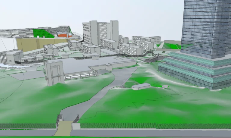 Un renderizado digital en 3D de la zona urbana del Tec de Monterrey muestra edificios modernos, zonas verdes y caminos
