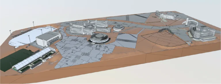 Modelo renderizado en 3D del Tecnológico de Monterrey con múltiples edificios modernos, carreteras curvas y zonas al aire libre situadas en un terreno rectangular con elevaciones variables