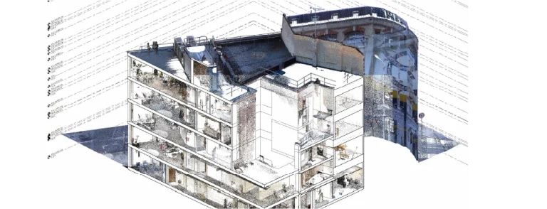 Dibujo detallado de la sección arquitectónica de GGM 115 Londres, que muestra varias plantas, habitaciones, escaleras y elementos estructurales