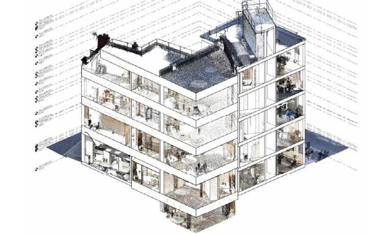 Un modelo arquitectónico digital en 3D de GGM 115 Londres muestra un edificio de varias plantas con vistas en corte, revelando habitaciones, mobiliario y distribuciones interiores mejoradas mediante BIM para obtener texturas detalladas y elementos de construcción visibles