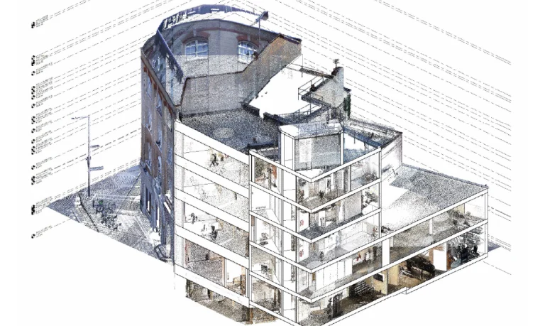 Un renderizado arquitectónico digital de GGM 115 Londres escaneo láser muestra un edificio de varias plantas con una vista en corte, que revela con detalle las estancias interiores, las plantas y las escaleras, mientras que la fachada exterior es parcialmente visible