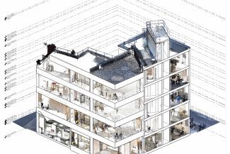 BIM model overlaid on a point cloud of a multi-story building