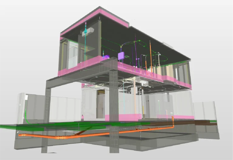 Modelo digital en 3D de una vivienda de dos plantas en Puerta de Hierro, con paredes transparentes que revelan coloridos sistemas internos como tuberías de fontanería y electricidad, cada uno mostrado en varios colores para facilitar su identificación y planificación del desarrollo