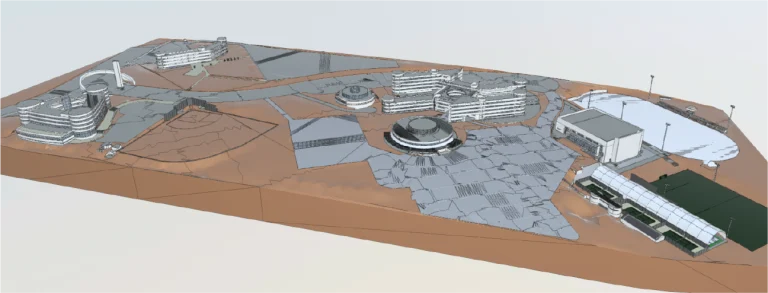 Modelo en 3D de un campus futurista del Tecnológico de Monterrey en Guadalajara, con edificios modernos, caminos serpenteantes y paisajes geométricos sobre un terreno marrón y desigual