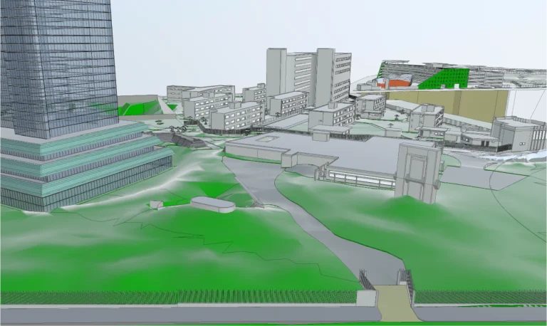 Modelo renderizado en 3D de una zona urbana de Guadalajara, con múltiples edificios modernos, una torre de gran altura a la izquierda, estructuras de mediana altura en el centro y zonas verdes ajardinadas que recuerdan al campus del Tecnológico de Monterrey bajo un cielo claro