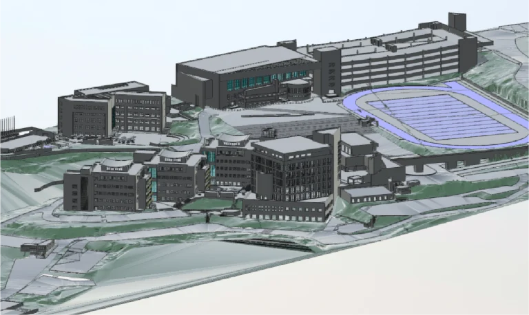 Modelo renderizado en 3D del campus del Tecnológico de Monterrey en Guadalajara, con varios grandes edificios rectangulares, una estructura de aparcamiento, carreteras, caminos y un campo de atletismo con una pista de atletismo situada en un terreno inclinado con vegetación