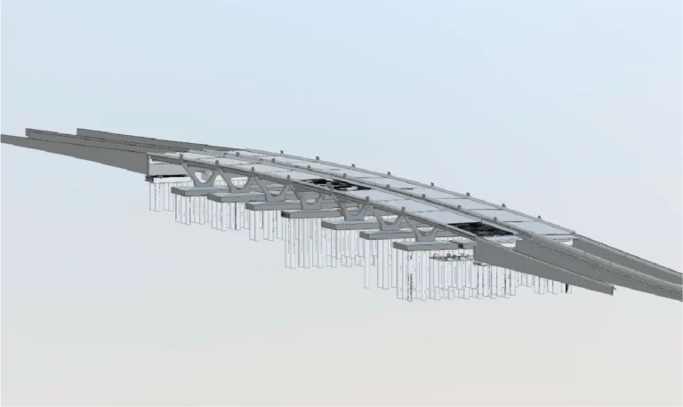 Representación digital de la estructura curva de un puente inspirado en El Pípila, con vigas vistas y soportes verticales bajo el tablero, sobre un fondo claro y liso