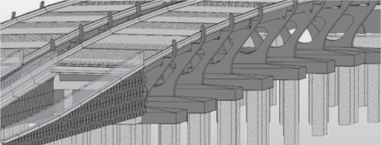 Una representación arquitectónica en escala de grises de la Intersección Vial El Pípila muestra soportes angulares, una estructura de tablero detallada y pilares verticales por debajo, ilustrando el armazón y los componentes de construcción del puente