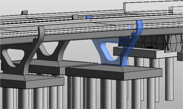 Modelo en 3D de la estructura del puente Intersección Vial El Pípila, que muestra múltiples apoyos, pilares y vigas de hormigón, con algunos elementos resaltados en azul para indicar el enfoque del diseño o la construcción