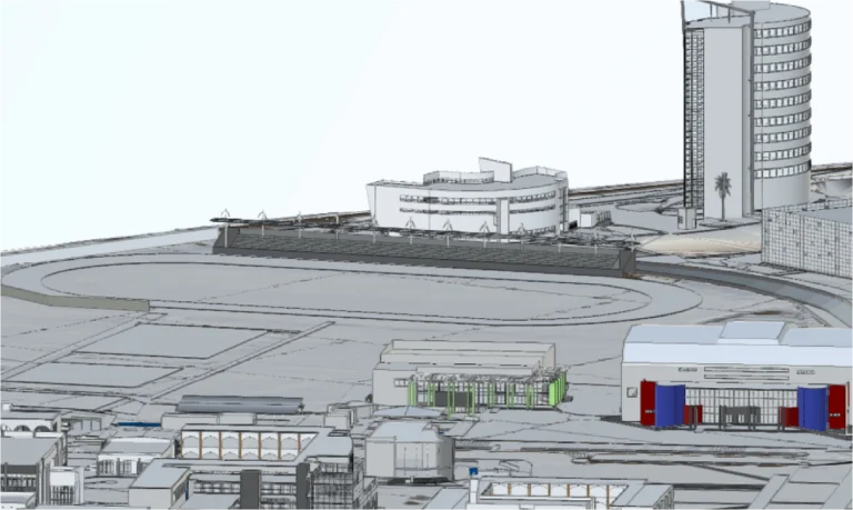 Un renderizado arquitectónico digital muestra una pista de carreras en Querétaro, con edificios circundantes, incluida una alta torre cilíndrica, una moderna estructura curva y varios edificios de baja altura, parte del innovador diseño del campus del Tecnológico de Monterrey