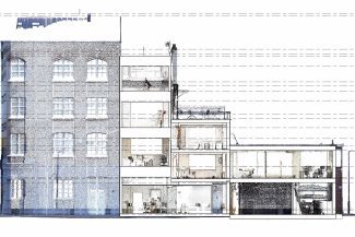 BIM model overlaid on a point cloud of a multi-story building
