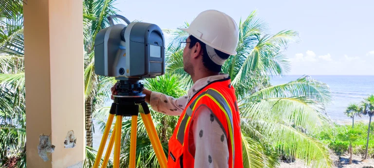 Una persona con casco blanco y chaleco de seguridad naranja utiliza un instrumento de topografía láser sobre un trípode cerca de una playa, con palmeras y el océano de fondo, recopilando datos precisos con escáner láser
