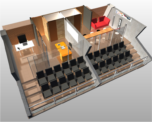 Representación en 3D de una oficina con un pequeño auditorio inspirado en el Estadio Pascual Guerrero, con asientos negros escalonados, dos despachos con paredes de cristal y escritorios, y una sala de estar con un sofá rojo y mesas pequeñas, todo ello separado por tabiques