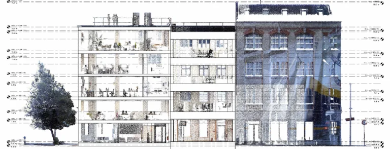 Renderizado arquitectónico transversal de GGM 115 Londres, con plantas y habitaciones interiores de un edificio de varias plantas, personas detalladas, mobiliario, una vista de la calle, un árbol en el lado izquierdo y detalles del escaneo láser
