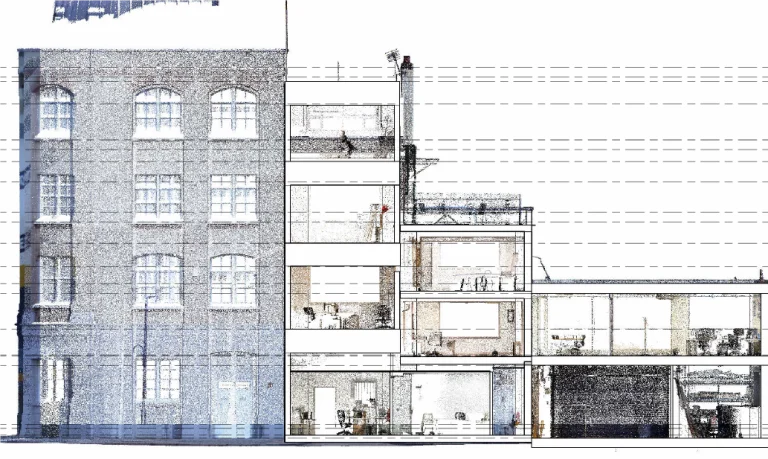 Plano de sección arquitectónica de GGM 115 Londres, en el que se destaca la estructura de ladrillo de varias plantas, las estancias interiores, los suelos, el mobiliario y las escaleras, mejorado con superposiciones de nube de puntos