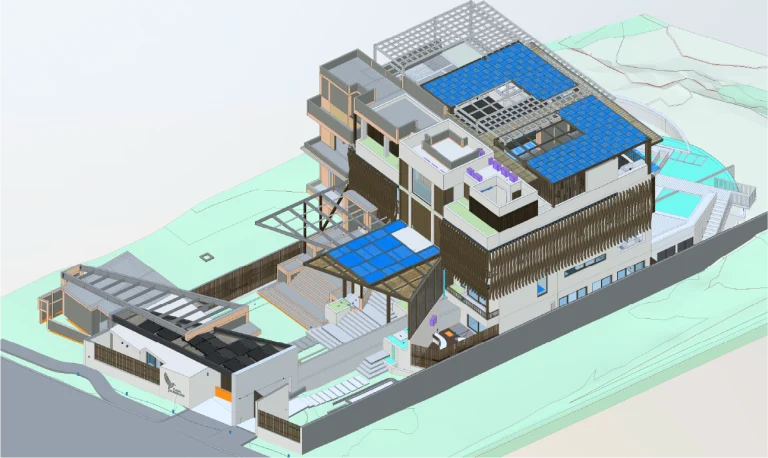 Representación arquitectónica en 3D de un moderno edificio de varios niveles situado en un terreno en pendiente, con paneles solares, terrazas y escaleras exteriores, creada con Modelo BIM para un diseño y una visualización precisos